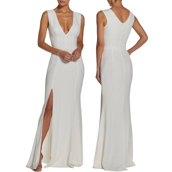 NWT Dress The Population Medium Sandra Crepe Slit Gown White Formal - Picture 1 of 8